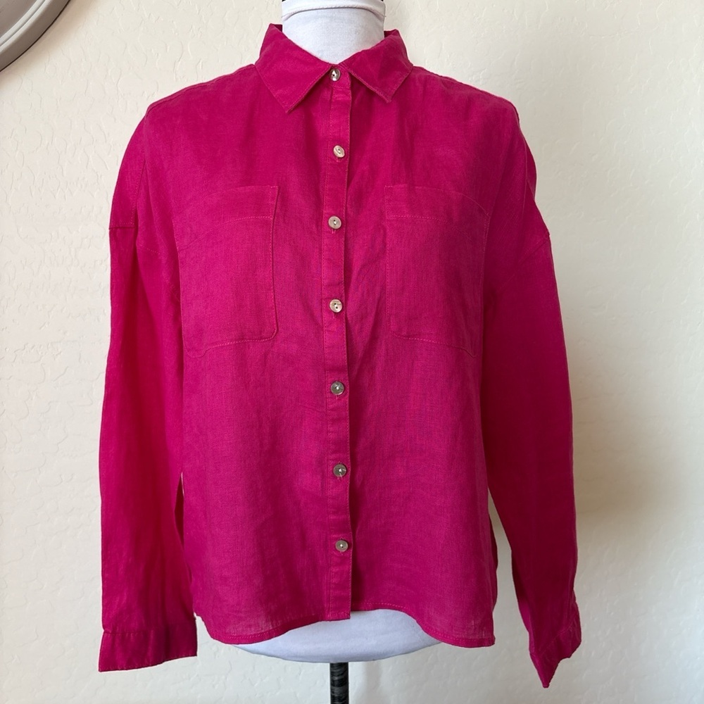 Rachel Zoe 100% Linen Hot Pink Button Shirt Blouse M
